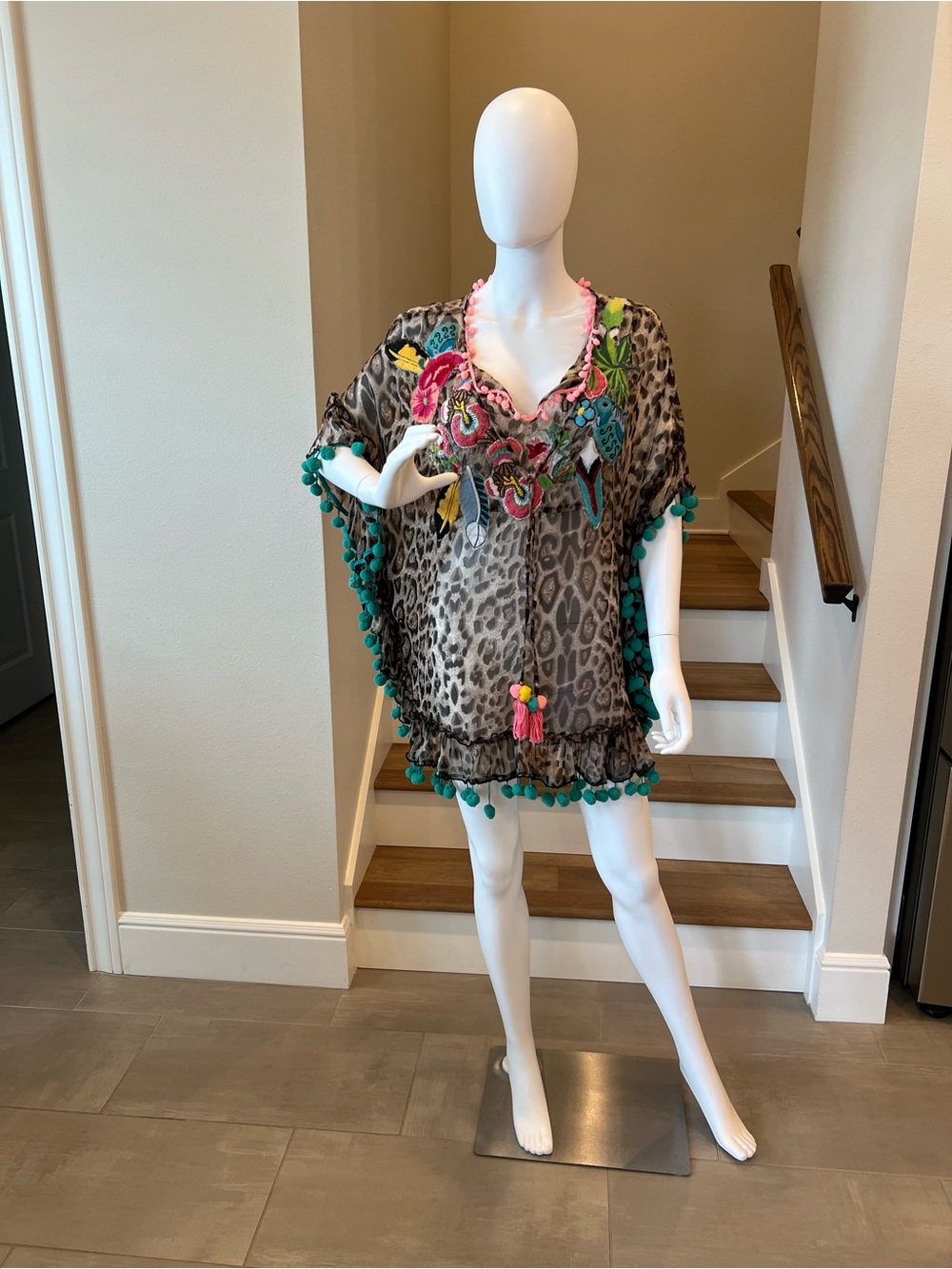 Leopard Print Embroidered Tassel Tunic Swim Coverup